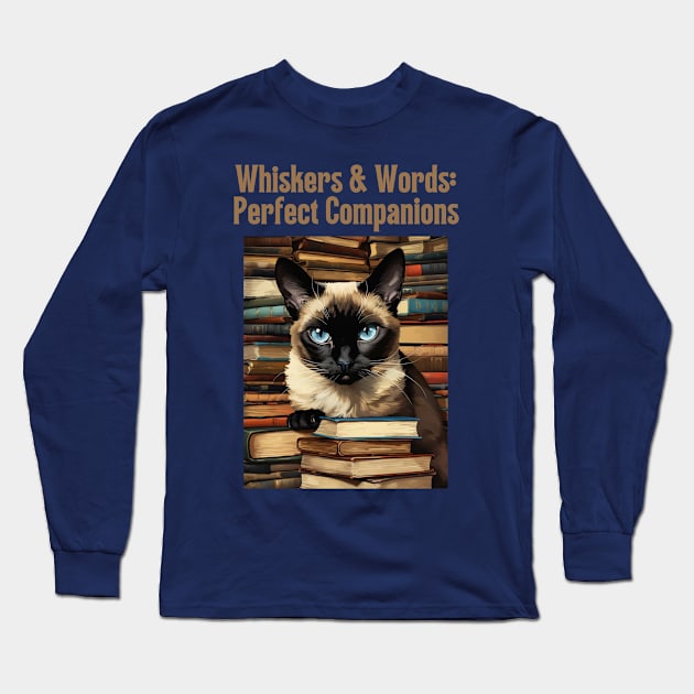 Whiskers & Words: Perfect Companions - Retro Siamese Cat Art Long Sleeve T-Shirt by KittyStampedeCo